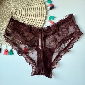 Victoria's Secret Rose Lace High-Leg Cheeky Panty Burgundy Brown L NEW